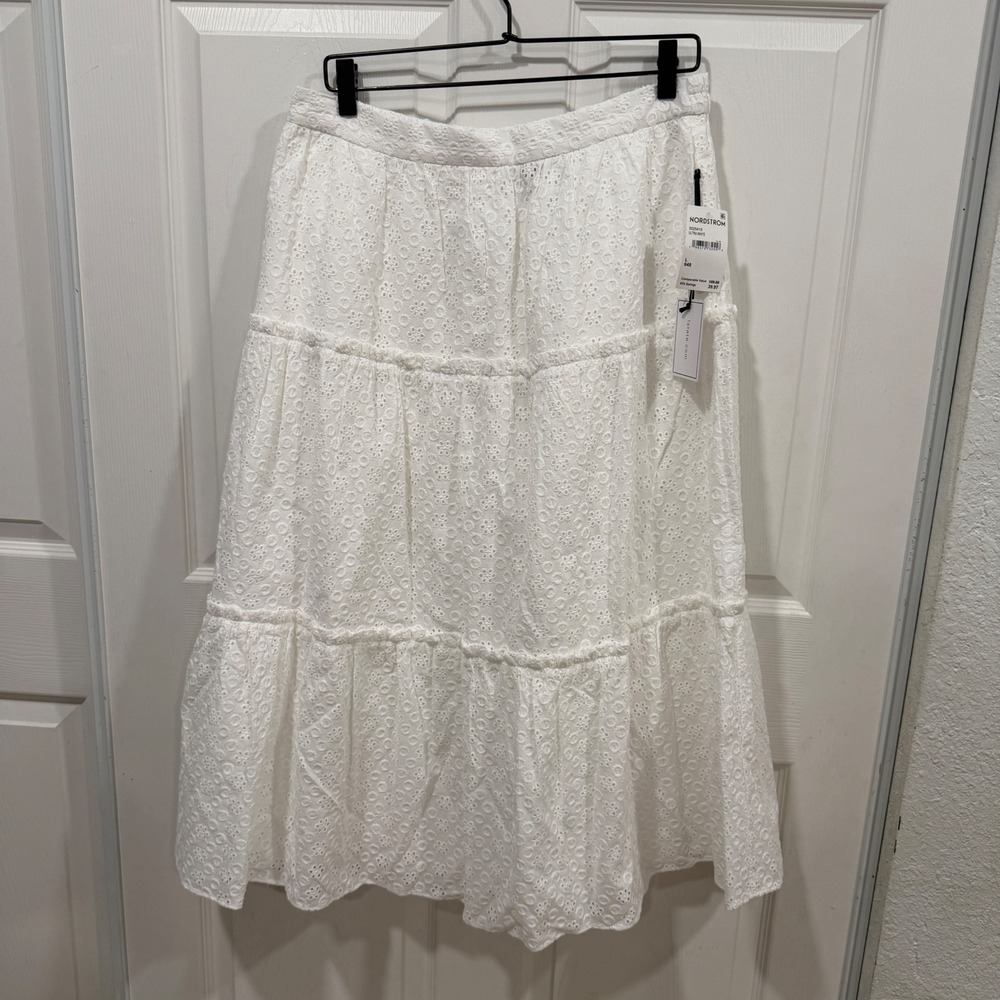 1.STATE Womens Ultra White Eyelet Tiered Maxi Skirt 5025415 L NWT